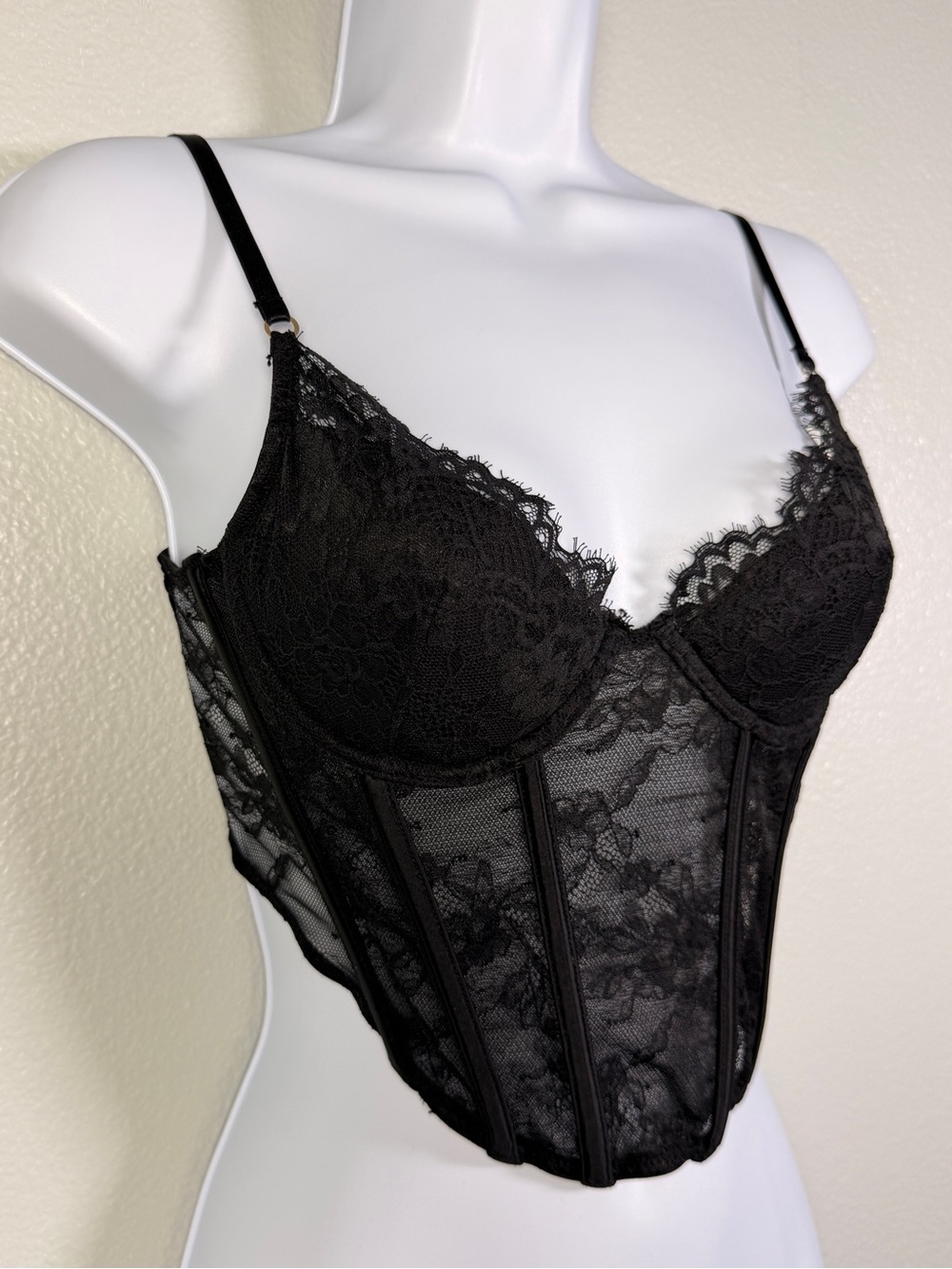 H&M Black Lace Corset Bustier Top 34B Sheer Mesh Lace Coquette Whimsygoth